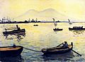 Peinture dans les jaunes représentant quelques petits voiliers et barques plates sur la mer avec au fond la silhouette de deux mamelons montagneux