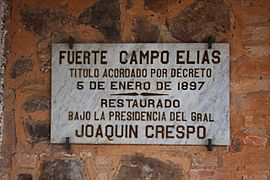 Placa del Castillo de San Diego de Alcalá o Fuerte Campo Elías. Municipio Casacoima. Delta Amacuro. Venezuela.