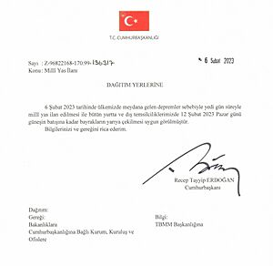Archivo:President's national mourning decision about 2023 Gaziantep-Kahramanmaraş earthquakes