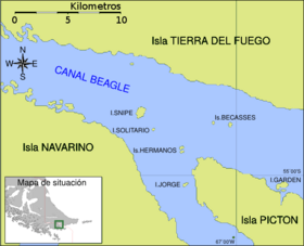 Mapa del canal Beagle con la localización de las islas Becasses.
