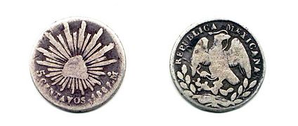 5 centavos de México de 1867 (anverso y reverso)