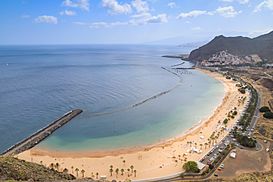 Aerial view of the North Atlantic Ocean and Playa de las Teresitas beach on Tenerife, Spain (48225392357).jpg