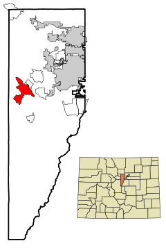 Jefferson County Colorado Incorporated and Unincorporated areas Evergreen Highlighted.svg