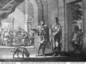 Archivo:Teachings of Jesus 32 of 40. the faithful and wise steward. Jan Luyken etching. Bowyer Bible