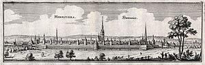 Archivo:1641 erstmals veröffentlichter Kupferstich Hannover vom Nordosten, Matthäus Merian