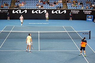 Bryan Brothers, Radek Štěpánek and Marcos Baghdatis in the Legends Mens Doubles Final at the 2023 Australian Open (52679822391).jpg