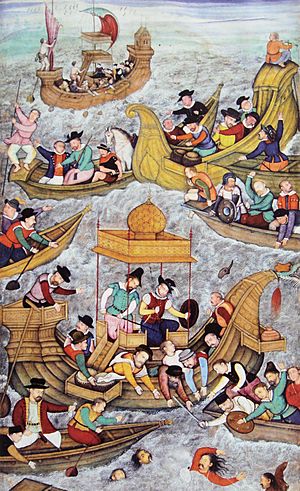 Archivo:Death of Sultan Bahadur in front of Diu against the Portuguese 1537 Akbar Nama end of 16th century