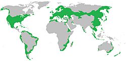 Mapa aproximado de su distribución, aunque la especie continúa adentrándose en nuevos territorios.