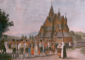 Archivo:Stave church Heddal, Johannes Flintoe, 1828