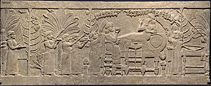 Archivo:Assyrian Relief of the Banquet of Ashurbanipal From Nineveh Gypsum N Palace British Museum 01