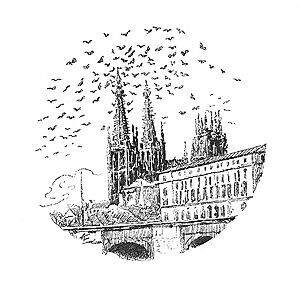 Archivo:Burgos, puente de San Pablo, Teatro Principal y catedral, Ilustración de "Napoleón en Chamartín" de Galdós