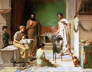 Archivo:John William Waterhouse - A Sick Child brought into the Temple of Aesculapius (1877)
