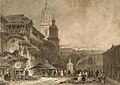 Plaza de la Virgen Blanca Vitoria in 1833 with two towers by David Roberts