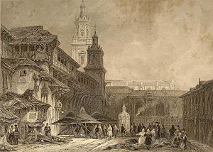 Plaza de la Virgen Blanca Vitoria in 1833 with two towers by David Roberts.jpg