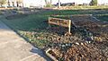 Sign with view of path and plantings, Transgender Memorial Garden