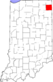 Map of Indiana highlighting DeKalb County