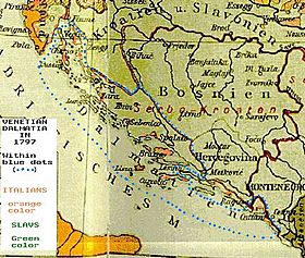 Mapa de la Dalmacia veneciana en 1797, con sus dos principales etnias: la italiana (anaranjado) y la serbocroata (verde).