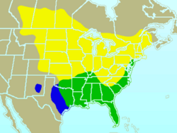 Distribución: Verde: todo el año Amarillo: estival Azul: invernal