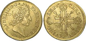 Archivo:Double louis d'or aux huit L et insignes à l'effigie de Louis XIV