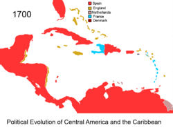 Archivo:Political Evolution of Central America and the Caribbean 1700 na