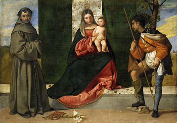 Vecellio di Gregorio Tiziano - La Vergine e il Bambino, tra San Antonio de Padova e San Rocco.jpg