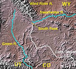 Mapa del suroeste de Wyoming con la ubicación del paso Sur en las cabeceras del río Sweetwater