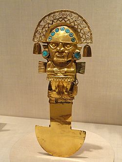Archivo:Ceremonial Knife (Tumi), 1100-1470 AD, Chimu, north coast of Peru, gold with turquoise - Art Institute of Chicago - DSC00330
