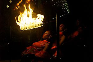 Archivo:Fire dancers with limbo pole Saint Lucia