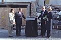 President Bill Clinton, First Lady Hillary Clinton, British Prime Minister Tony Blair and wife Cherie Blair unveil a plaque at the site of the Omagh bombing, in Omagh, Northern Ireland