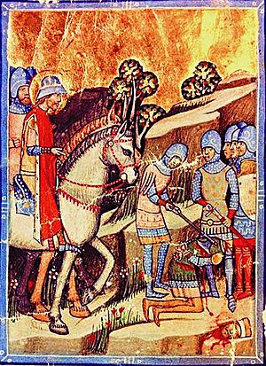 Archivo:Stephen I executing the rebel Koppány (Chronicon Pictum 038)