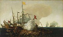 Archivo:Cornelis Vroom Spanish Men of War Engaging Barbary Corsairs