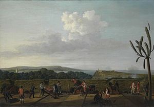 Archivo:Dominic Serres the Elder - The Capture of Havana, 1762, the English Battery before Morro Castle