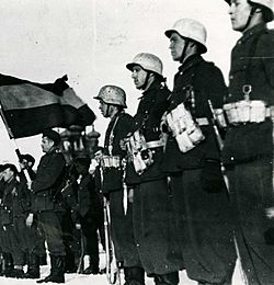 Archivo:Fotografía de la bandera española presidiendo un acto de la División Azul