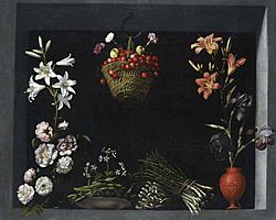 Archivo:Bodegon flores hortalizas cesto cerezas