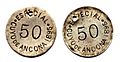 Ficha por $ 0.50 de El Cuyo de Ancona de 1895, Yucatán (01)(anverso y reverso)