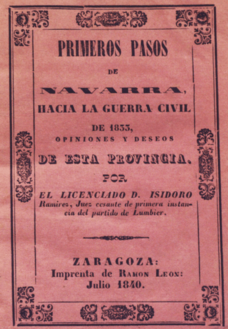 Portada de "Primeros pasos de Navarra hacia la guerra civil" por el licenciado Isidoro Ramírez Burgaleta