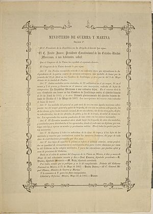 Archivo:Decreto de Condecoración a los vencedores de las batallas del 28 de Abril y 5 de Mayo de 1862
