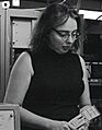 Marie Tharp working with fathometer record (cropped)