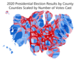 Results by county of the 2020 United States presidential election with counties scaled by number of votes cast