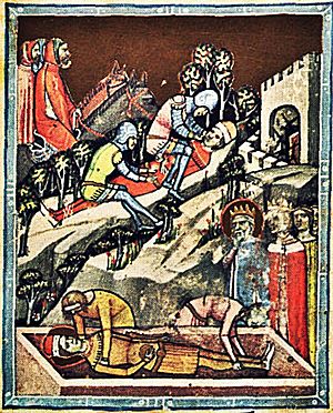 Archivo:Stephen I at the funeral of his son (below) and blinding of Vazul (above) (Chronicon Pictum 044)