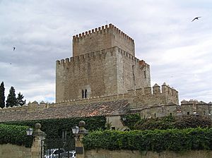 Torre del Homenaje del Castillo de Enrique II desde la Plaza del Castillo, con barrera de 1507 en primer plano.jpg