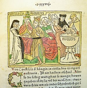 Archivo:Woodcut illustration of Constance of Sicily, her husband HRE Henry VI and her son HRE Frederick II - Penn Provenance Project