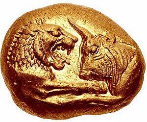 Archivo:Kroisos. Circa 564-53-550-39 BC. AV Stater (16mm, 10.76 g). Heavy series. Sardes mint (cropped)