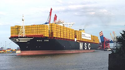The new containership MSC Zoe is dragged backwards to the Euro Gate Terminal