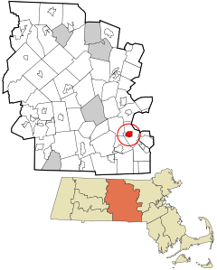 Worcester County Massachusetts incorporated and unincorporated areas Upton (CDP) highlighted.svg