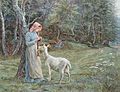 Edith Martineau - Maid crocheting in a field, with a goat standing beside