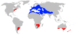 alt=Azul: distribución original; Rojo: introducida