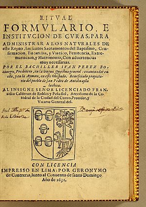 Archivo:Ritual formulario e institucion de curas Juan Pérez Bocanegra 1631 title page