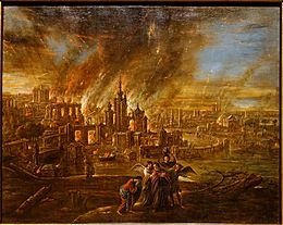 Archivo:Sodom and Gomorrah afire, by Jacob Jacobsz. de Wet d. J., probably Köln, c. 1680, oil on canvas - Hessisches Landesmuseum Darmstadt - Darmstadt, Germany - DSC01149