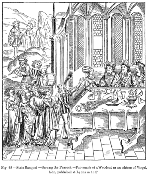 Archivo:State Banquet Serving the Peacock Fac simile of a Woodcut in an edition of Virgil folio published at Lyons in 1517